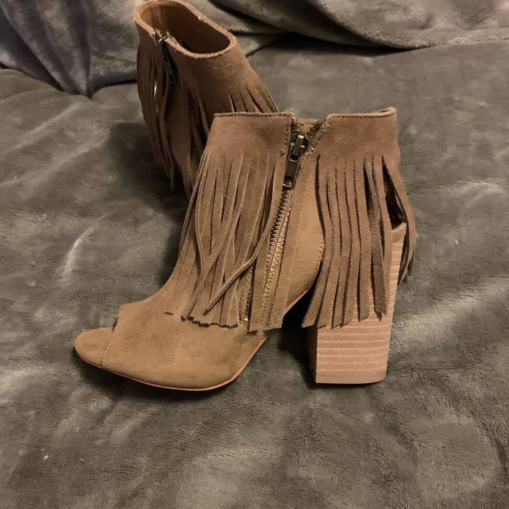 Tan booties with fringe